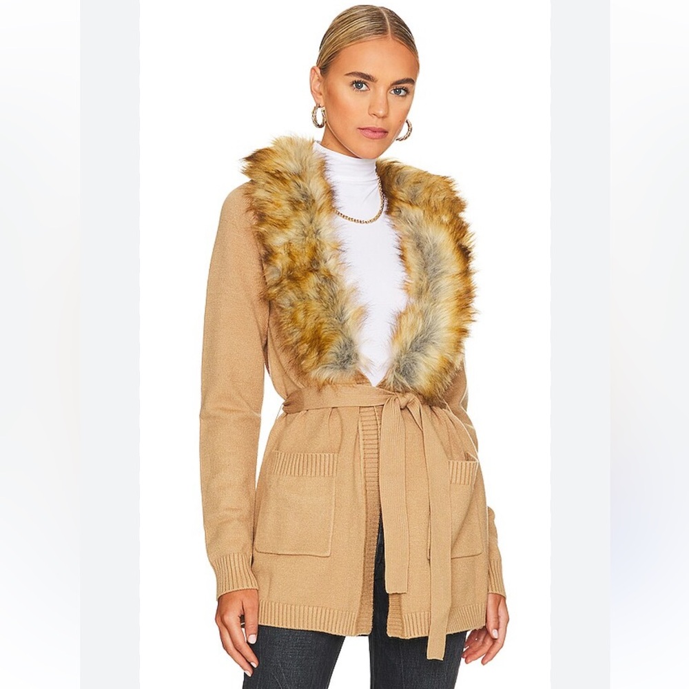 NWT Show Me Your MuMu Cabin Belted Cardigan w Faux Fur Trim - M